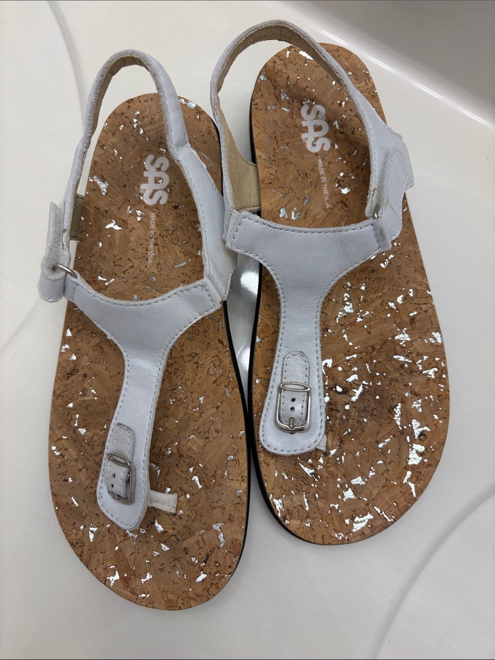 SAS White Leather Cork Footbed Thong Sandals